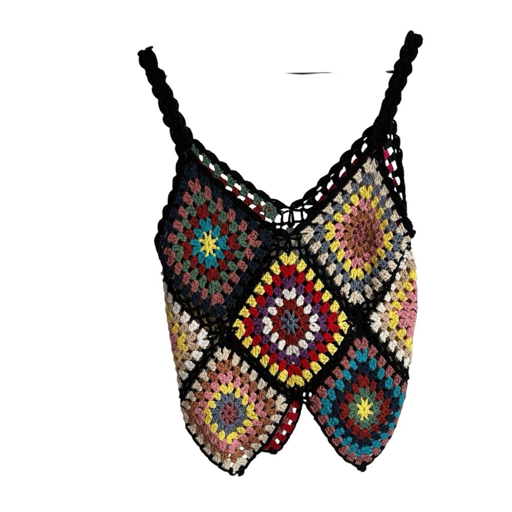 Anthropologie Raga Womens Sweater Small Black Granny Square Tank Boho  New
